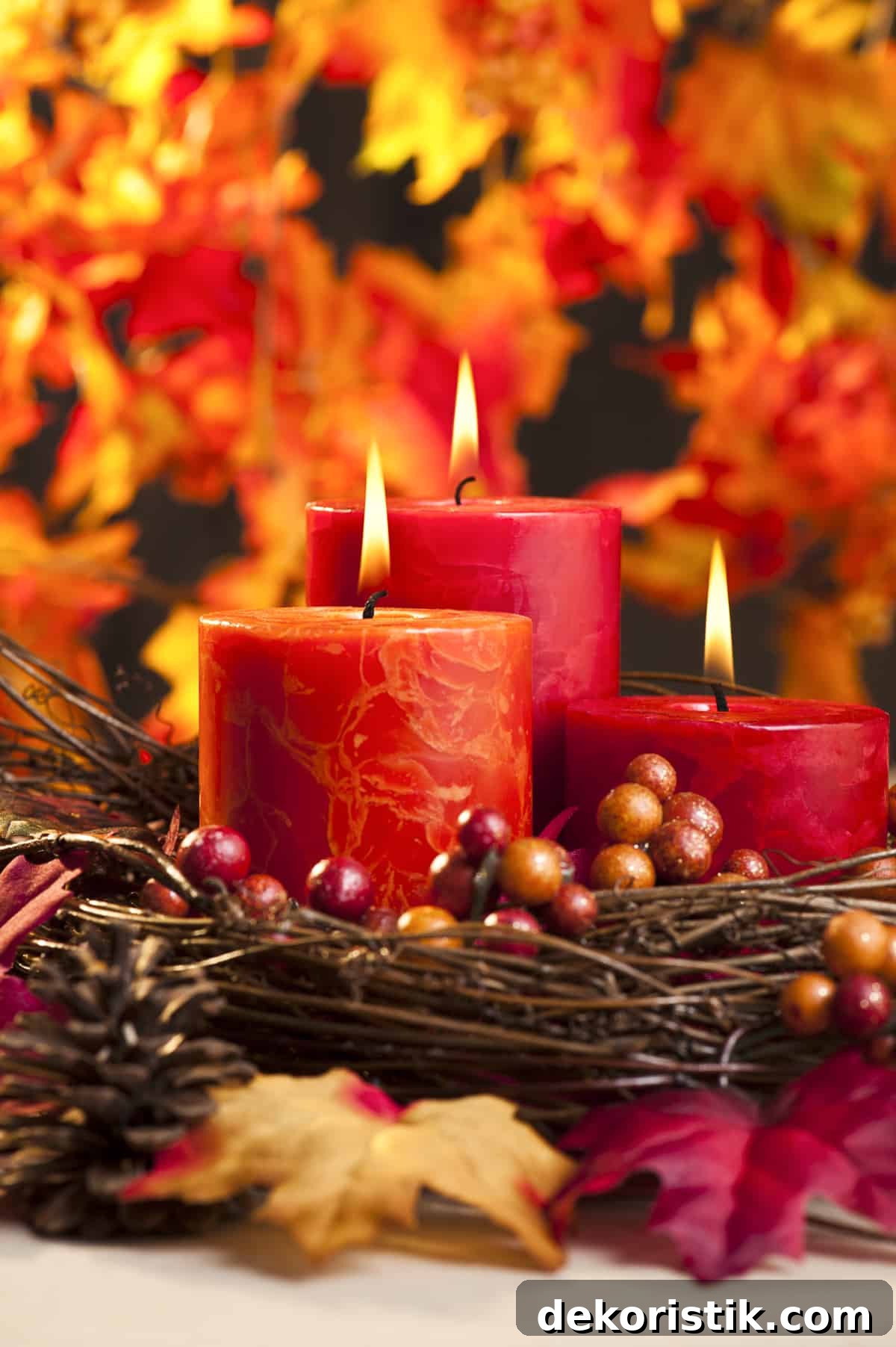 3 fall colored candles burning to demonstrate creating a fall aesthetic in your home with scent