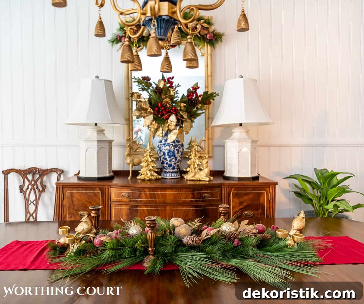 Elegant Christmas Dining Table Centerpiece Ideas 10 An elegant, but easy Christmas centerpiece made with faux greenery and sugared fruit swags. Includes green, burgundy and gold ribbon, gold candlesticks and white candles.