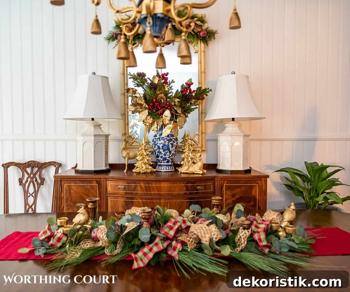 Elegant Christmas Dining Table Centerpiece Ideas 12 An elegant, but easy Christmas centerpiece made with faux greenery and sugared fruit swags. Includes green, burgundy and gold ribbon, gold candlesticks and white candles.