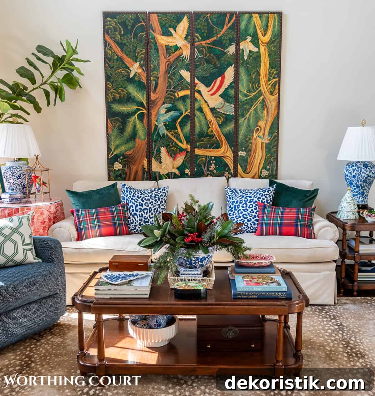 living room with traditional Christmas decorations