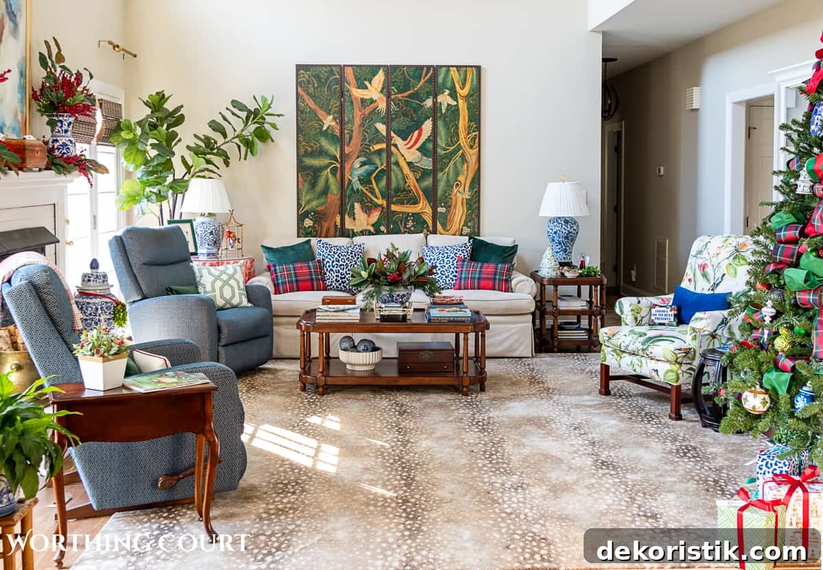 living room with traditional Christmas decorations