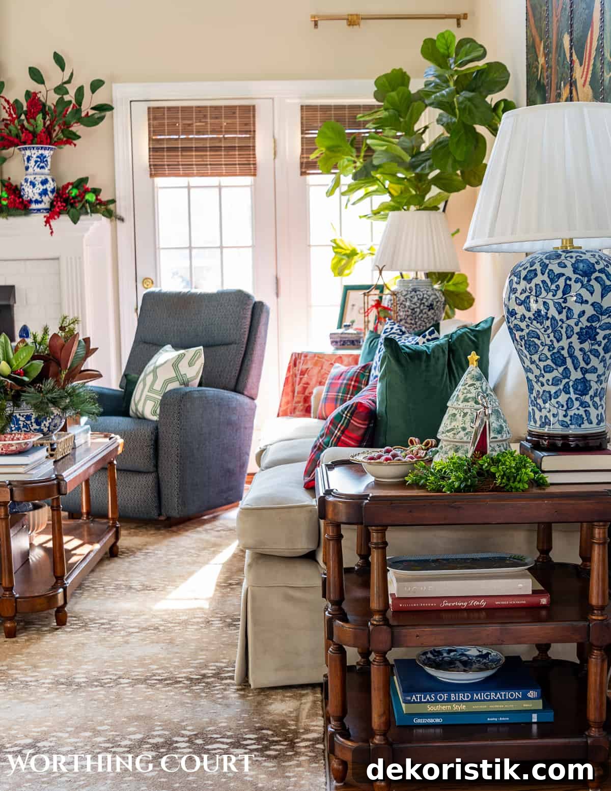 living room with traditional Christmas decorations