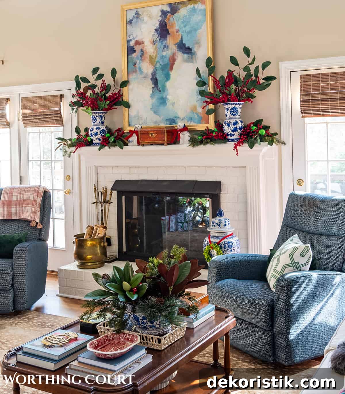 living room with traditional Christmas decorations