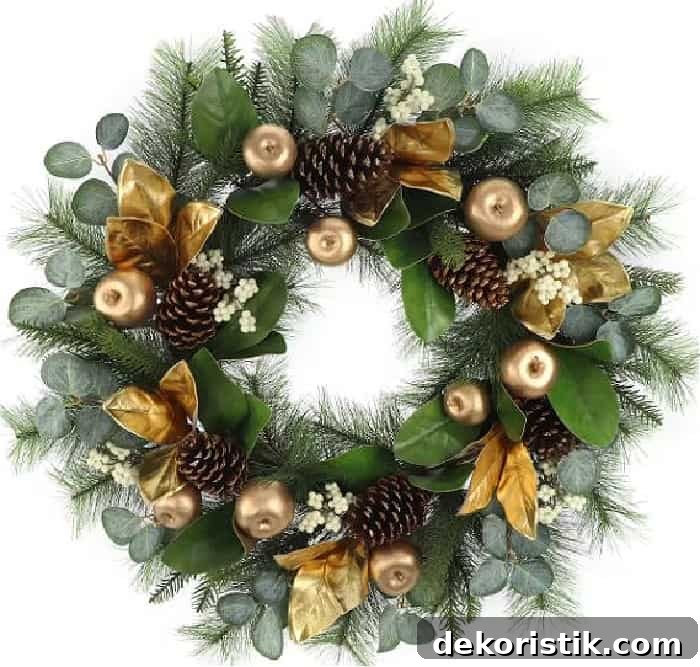 Christmas wreath with faux gold fruut and leaves and pine cones