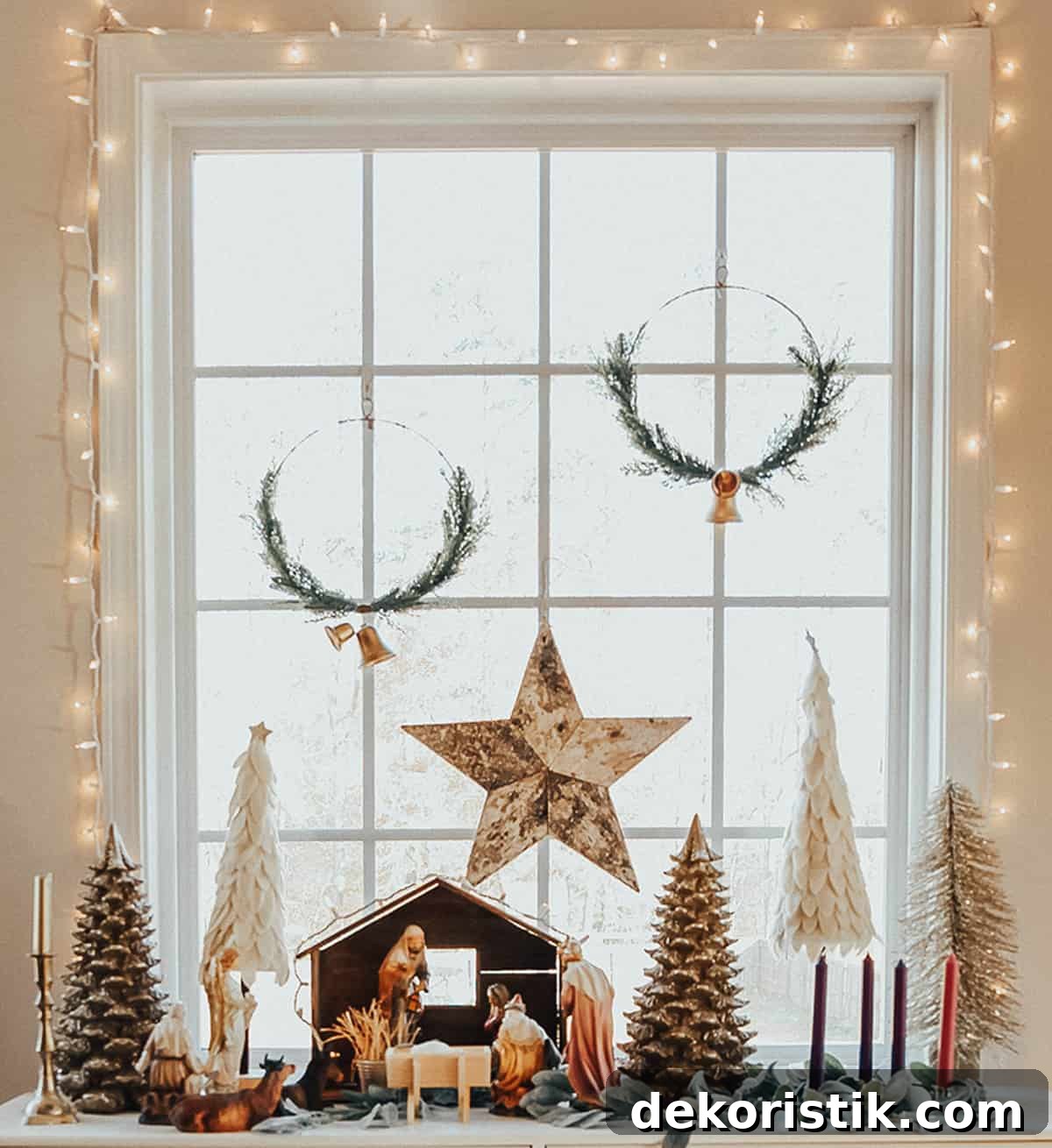 nativity scene display on a table in front of a window