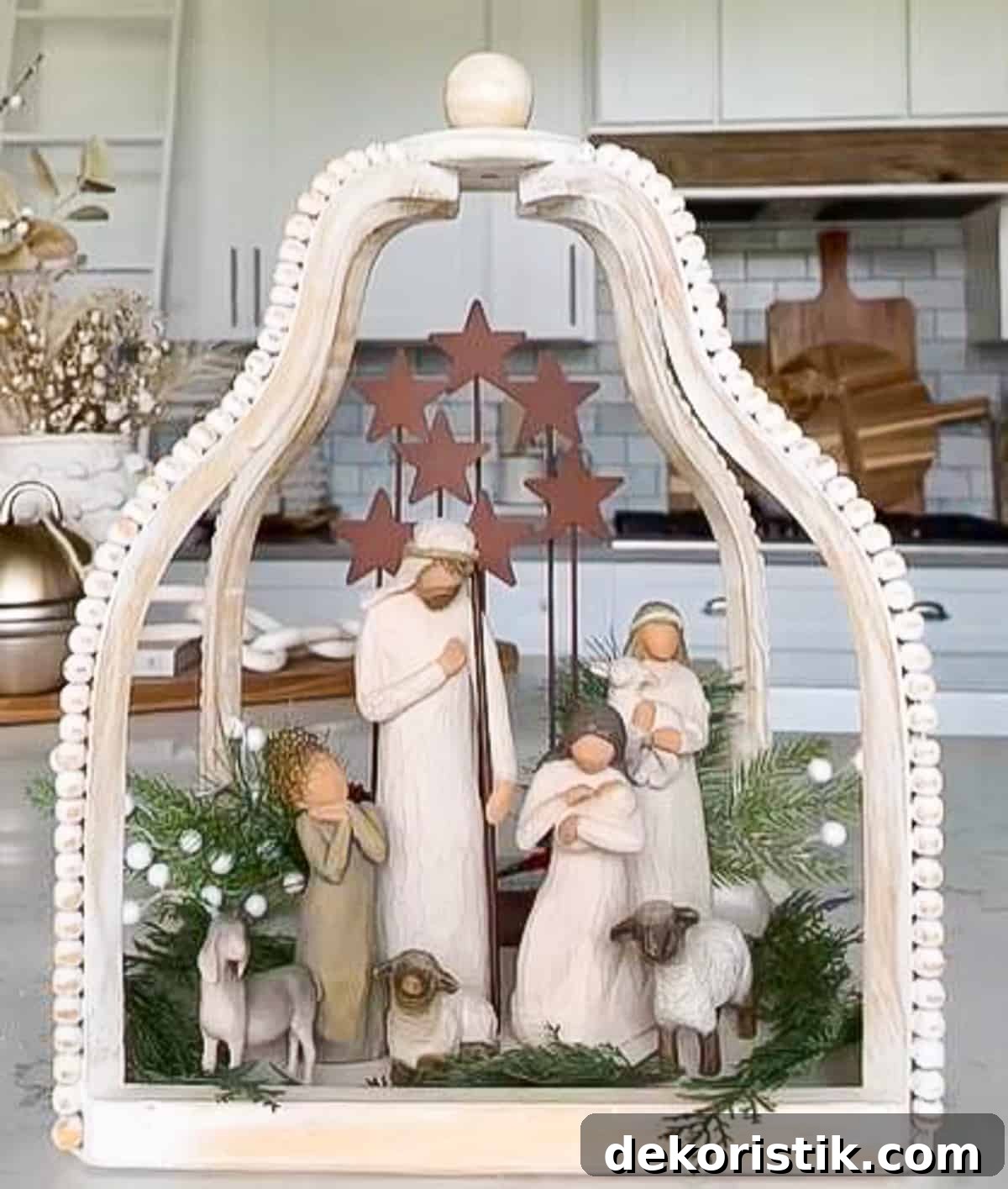 natural colored nativity set displayed in an open lantern