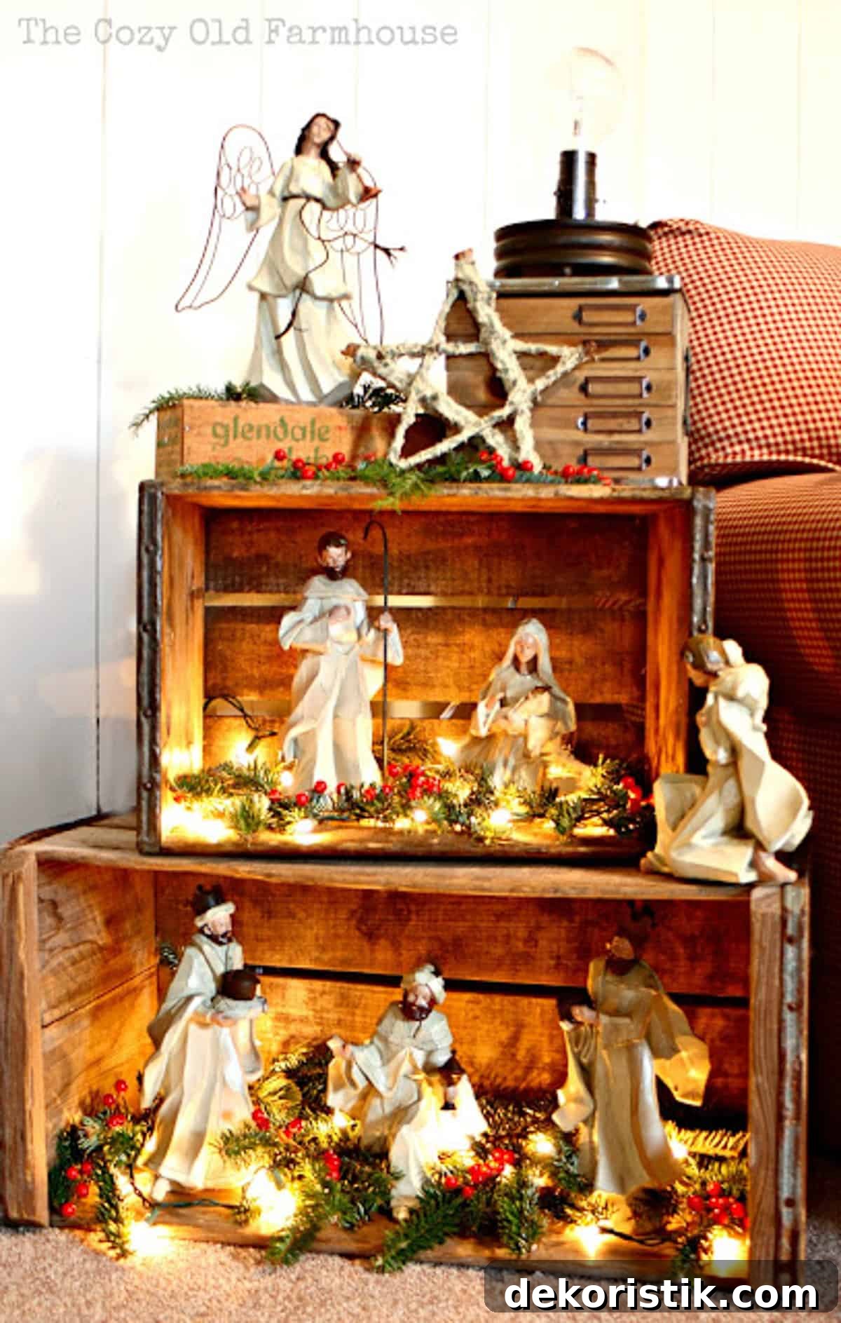 nativity scene figurines displayed in tiered wood boxes