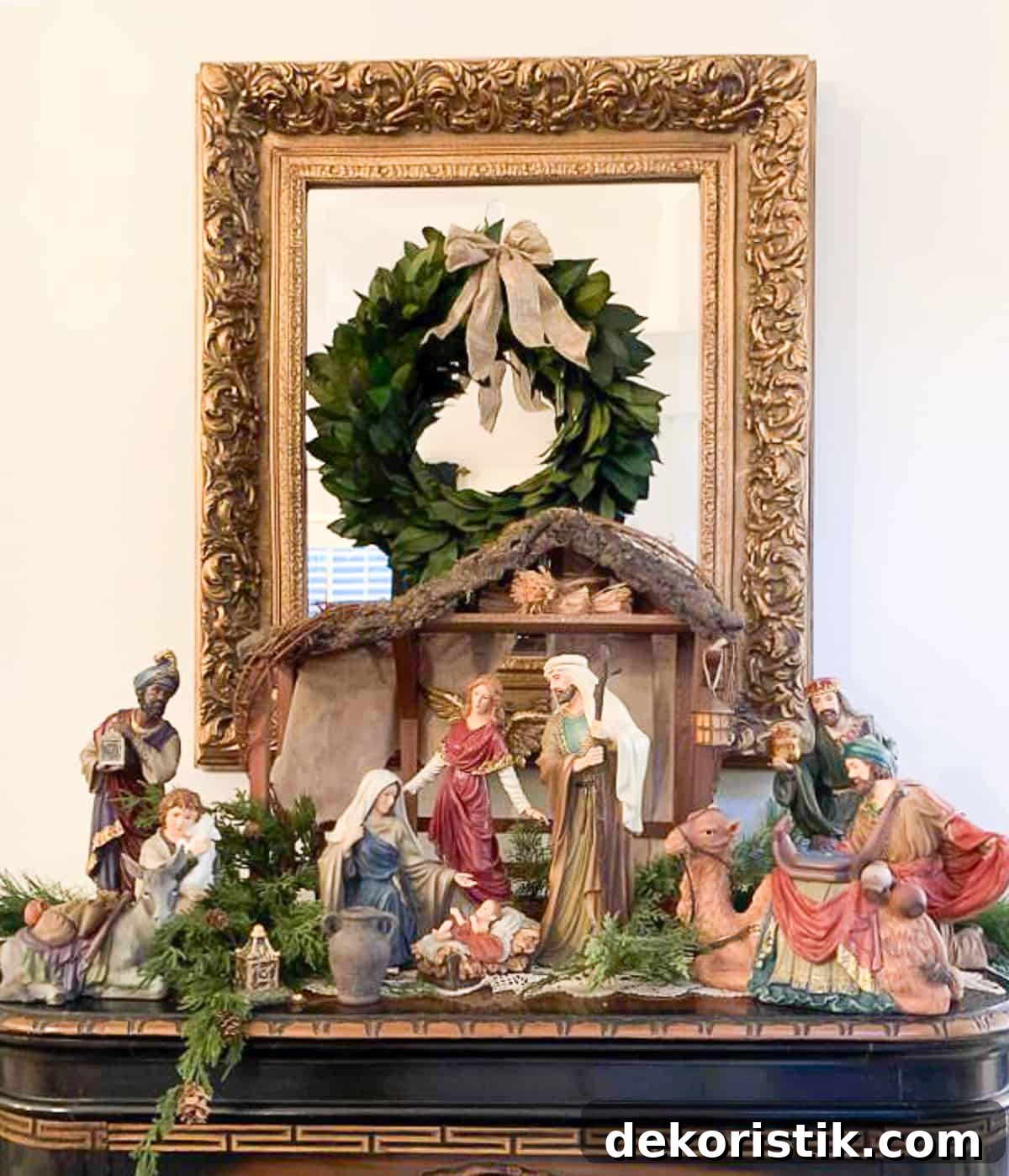 traditional style nativity scene on a chest with a mirror hanging above