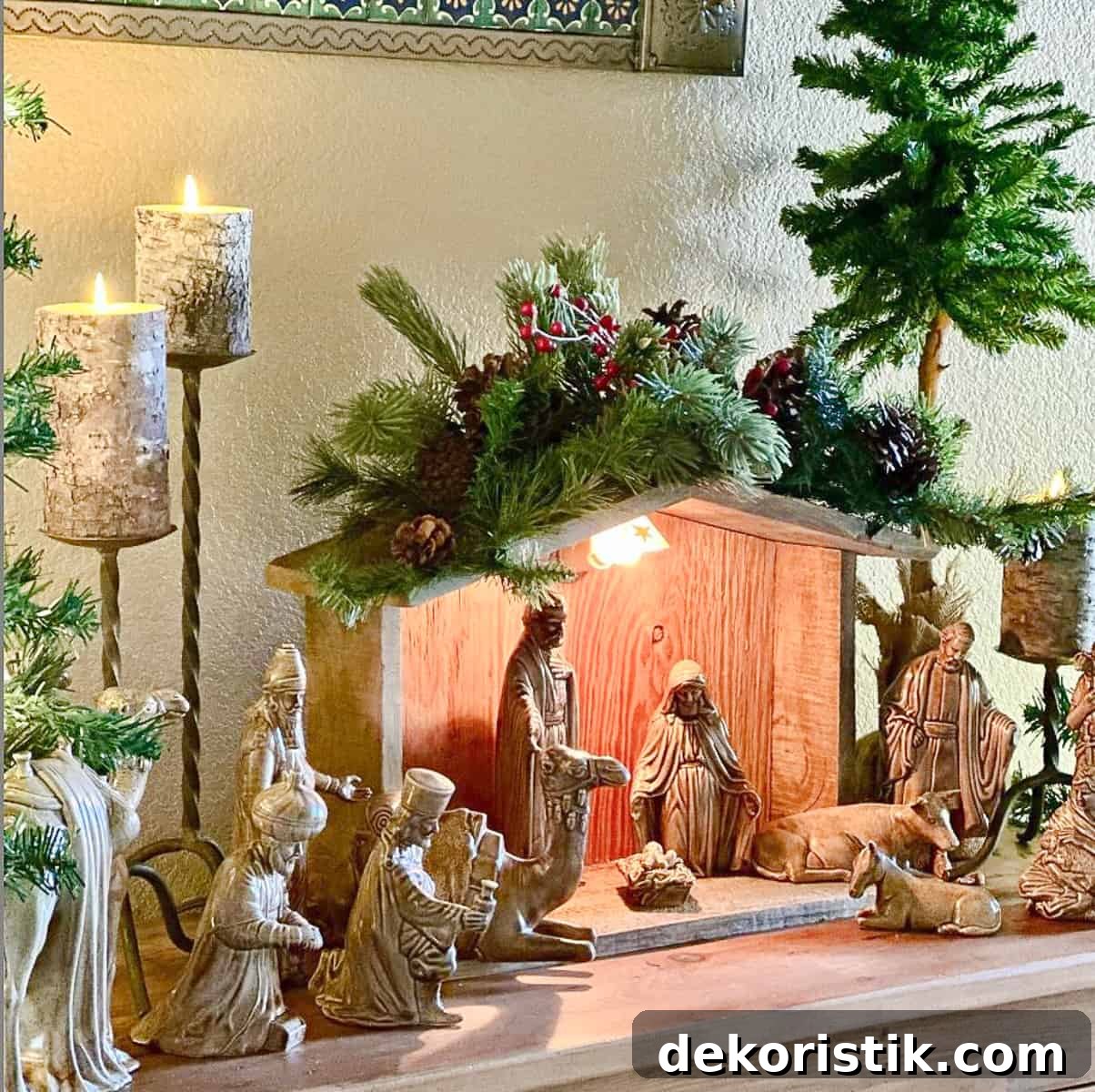 nativity display scene on a table surrounded with faux greenery