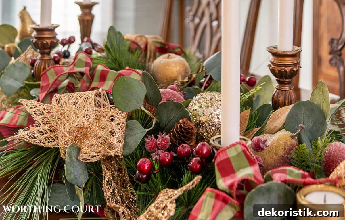 An elegant, but easy Christmas centerpiece made with faux greenery and sugared fruit swags. Includes green, burgundy and gold ribbon, gold candlesticks and white candles.