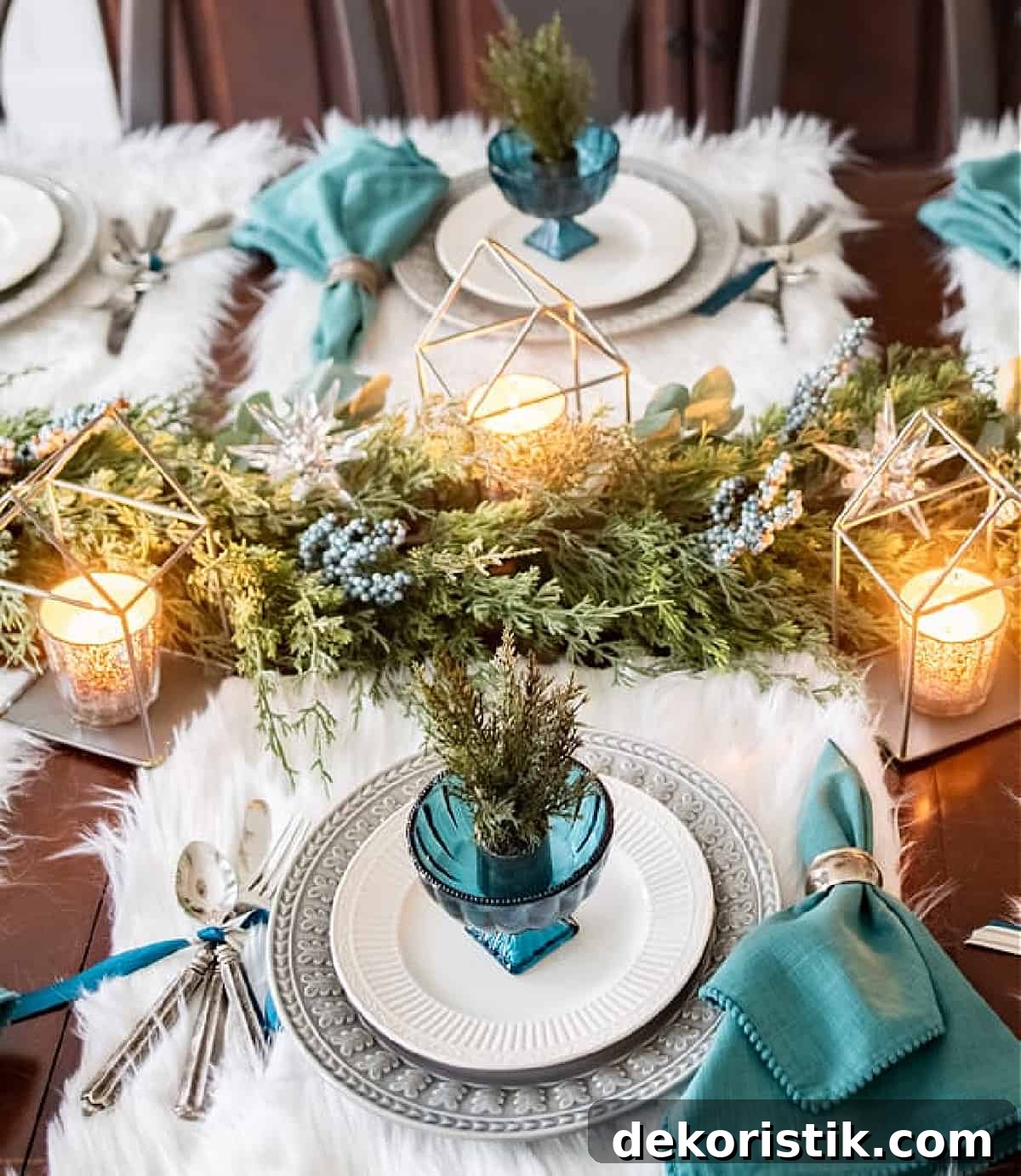 table set for winter with teal, white and gray dishes and faux fur placemats