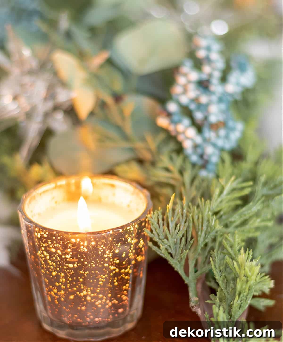 flickering candle in a mercury glass holder amongst winter evergreens