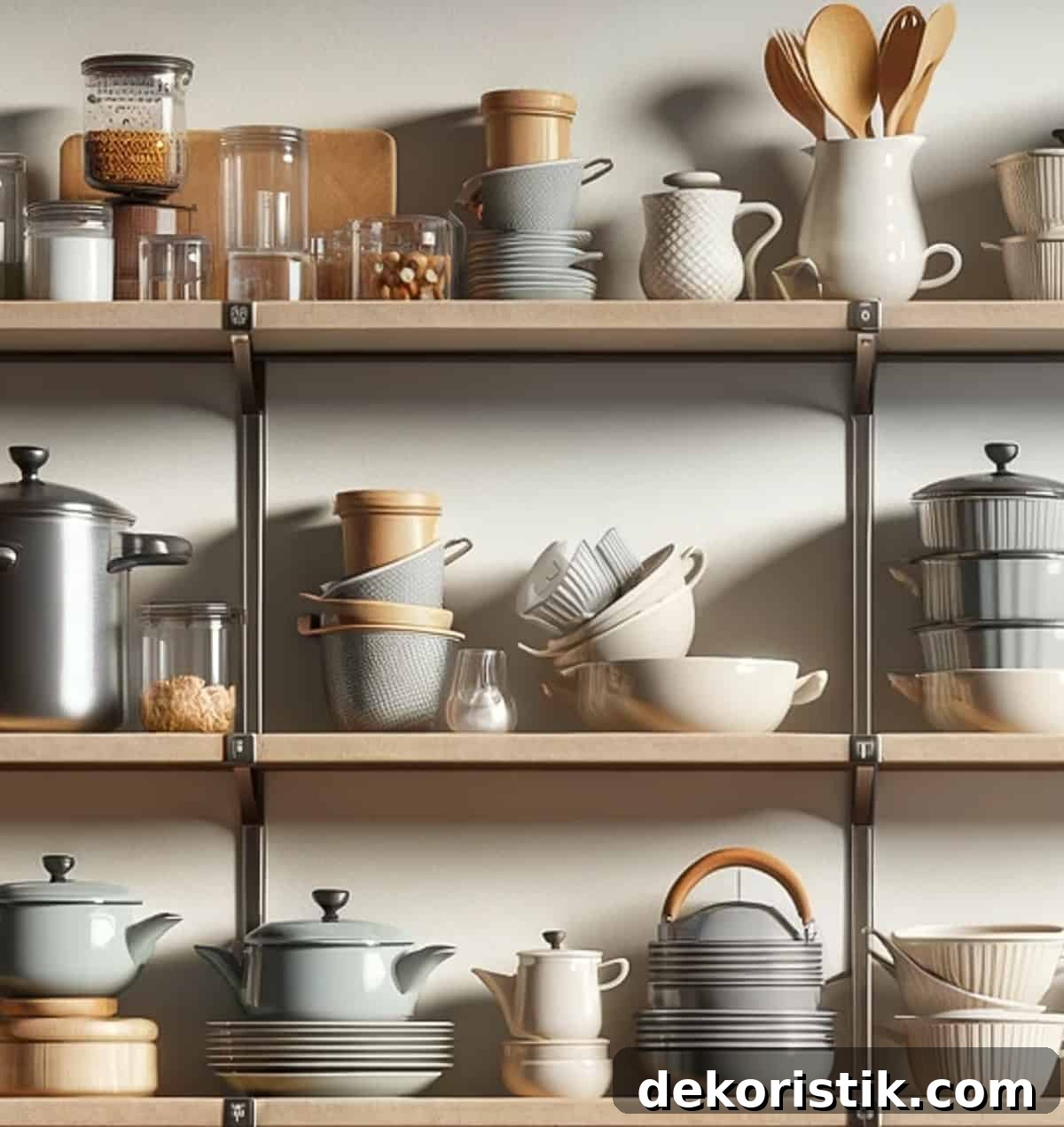 open wood kitchen shelves filled with gray and white dishes and cooking pots