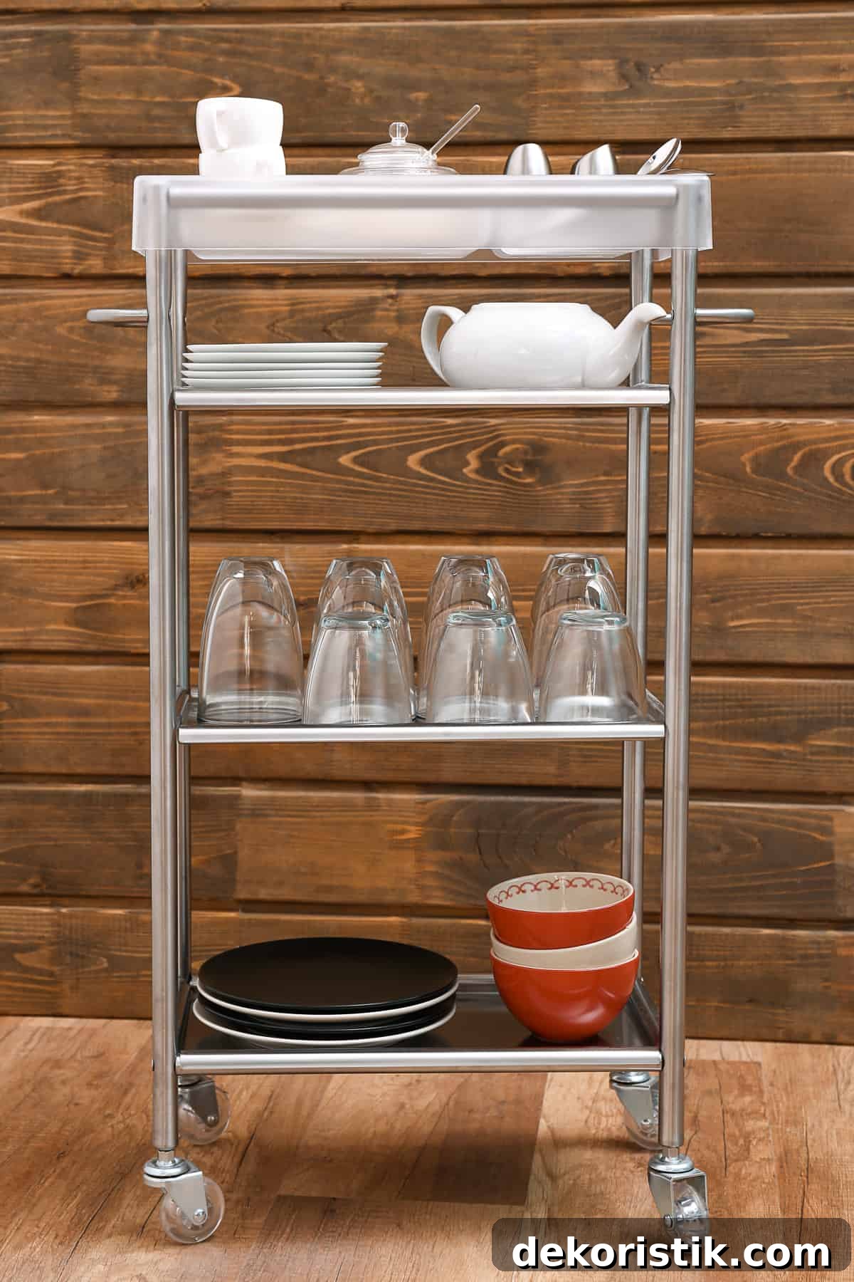 rolling metal utility cart filled with kitchen items for extra storage