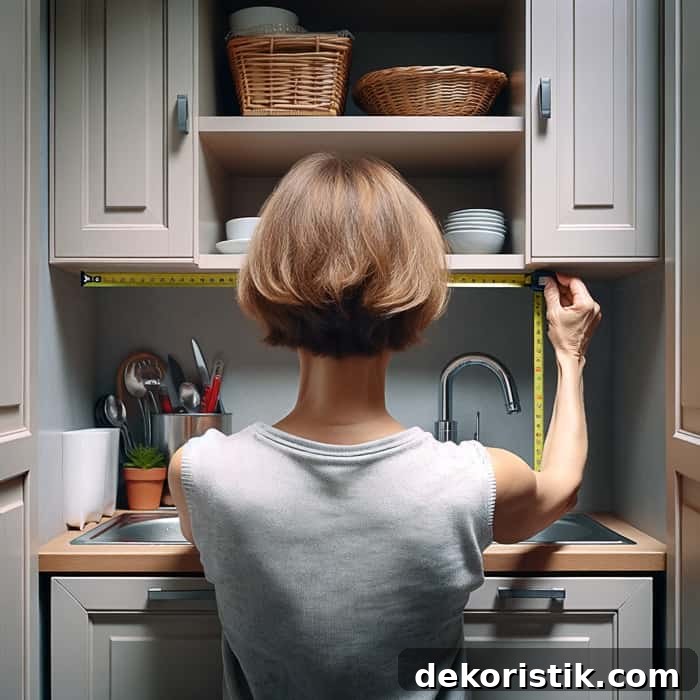 woman measuring kitchen space in a kitchen with gray cabinets