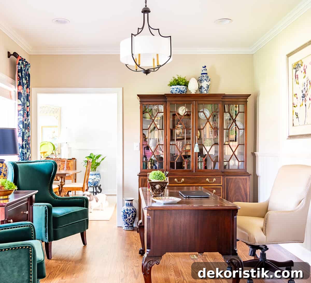china cabinet in a home office filled with office accessories