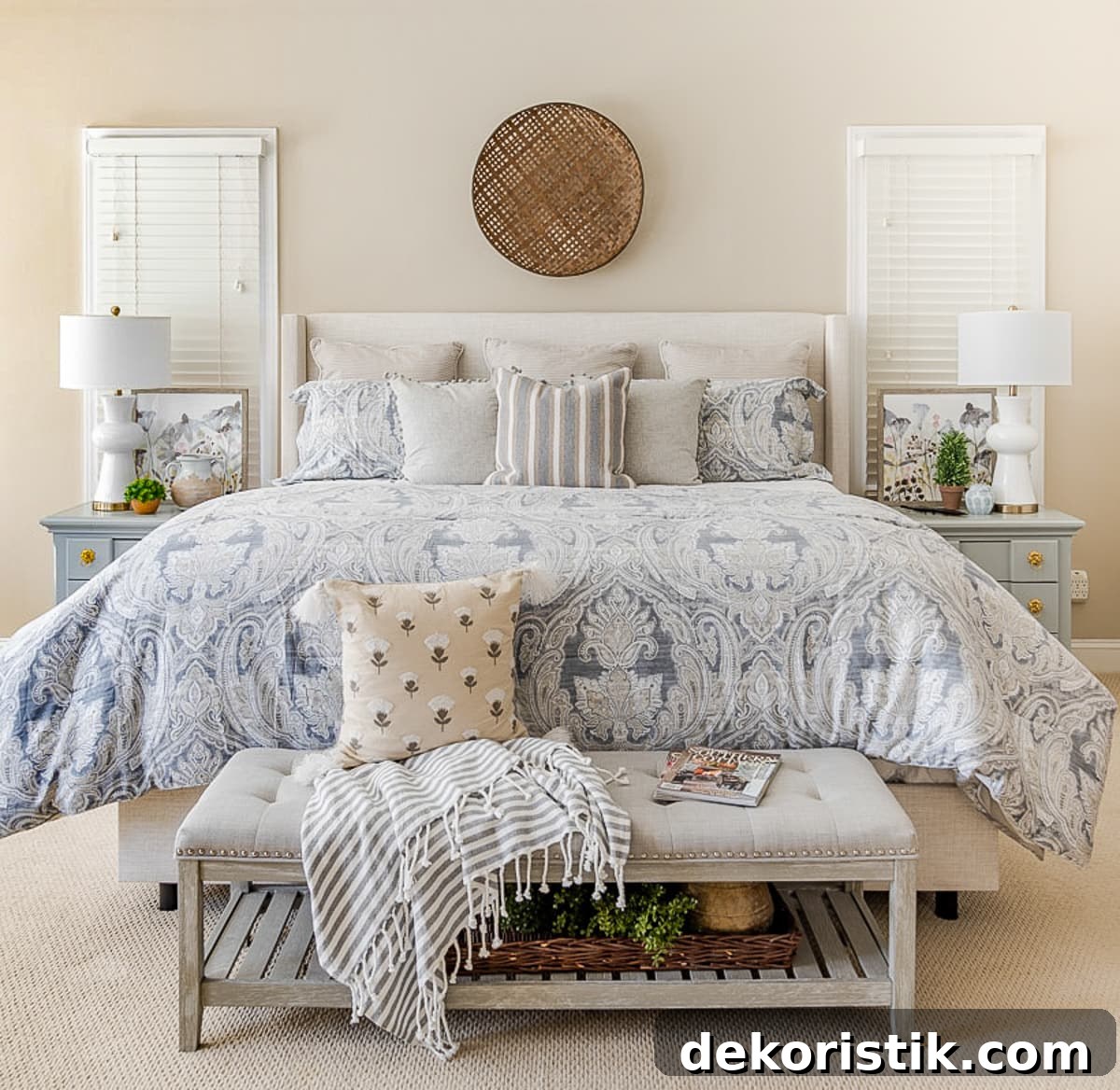 king size bed with neutral bedding and gray nightstands with white lamps