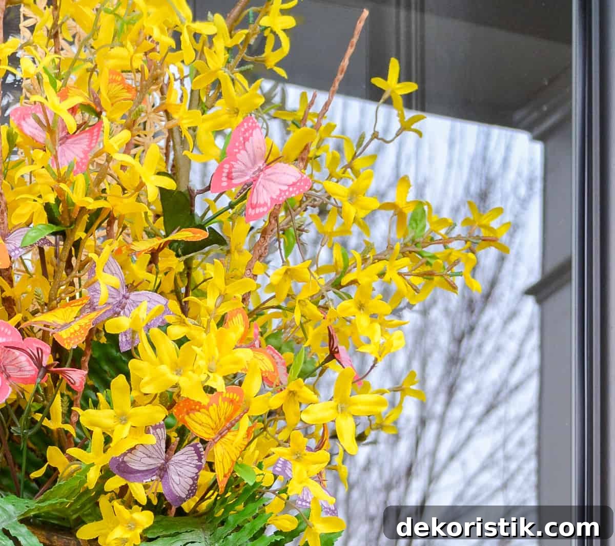 long hanging basket on a glass door filled with faux forsythia stems for spring