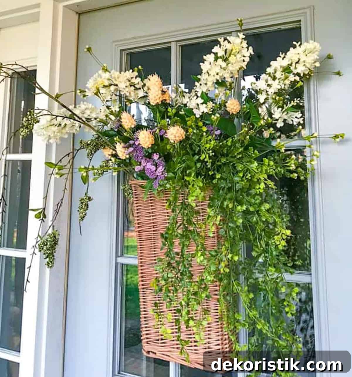 hanging basket on a gray front door filled with white and green flowers for spring