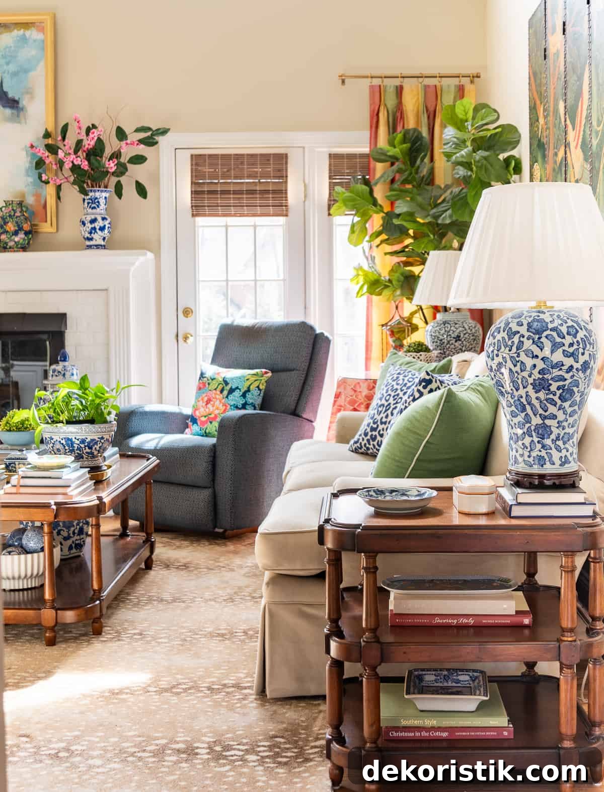 fireplace in a living room decorated in new traditional style with blue recliners, wood tables, colorful accessories and a faux antelope area rug