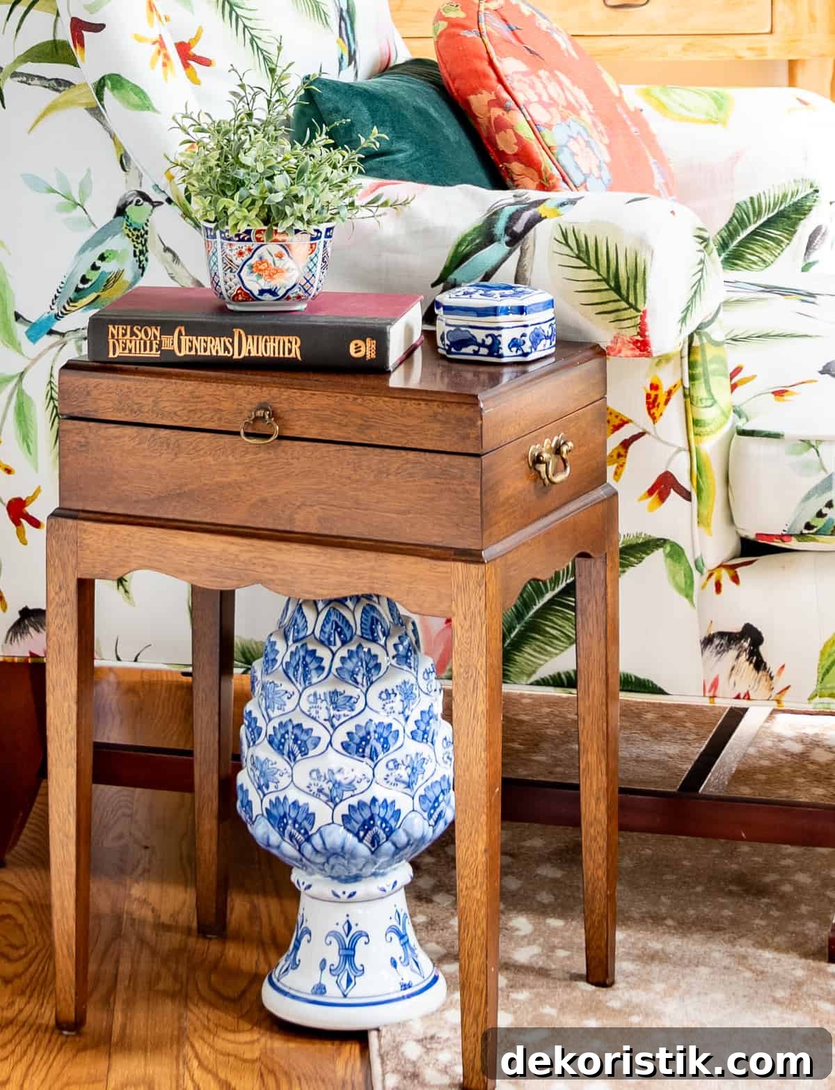 a variety of colorful accessories in a new traditional style living room