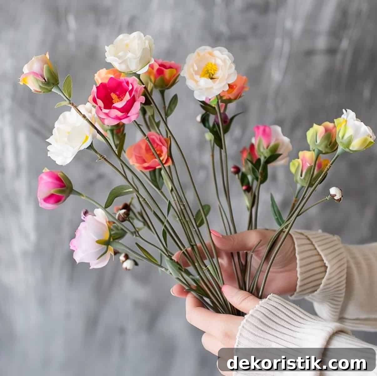 woman's hands holding several assorted flower stems