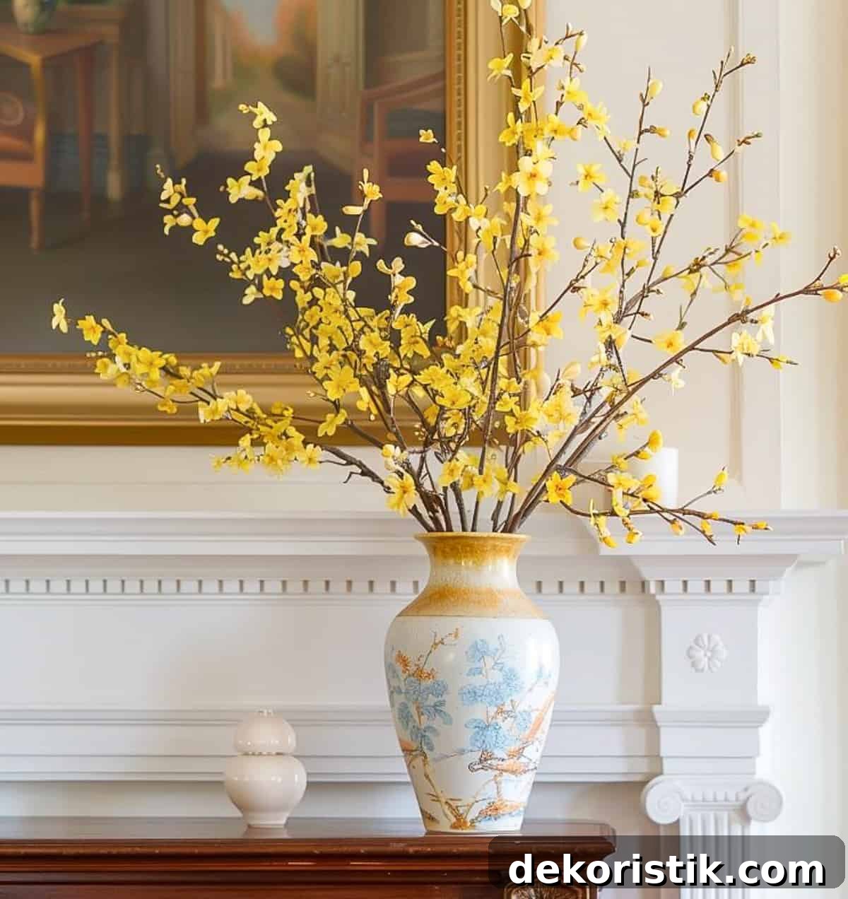 blooming foysythia branches in a vase