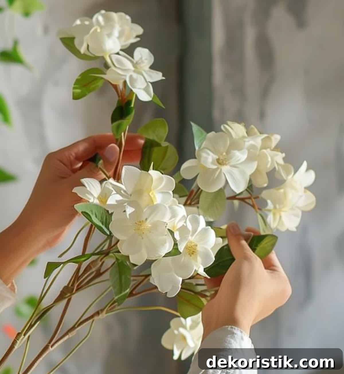 woman's hands pulling apart and bending artificial flower stems