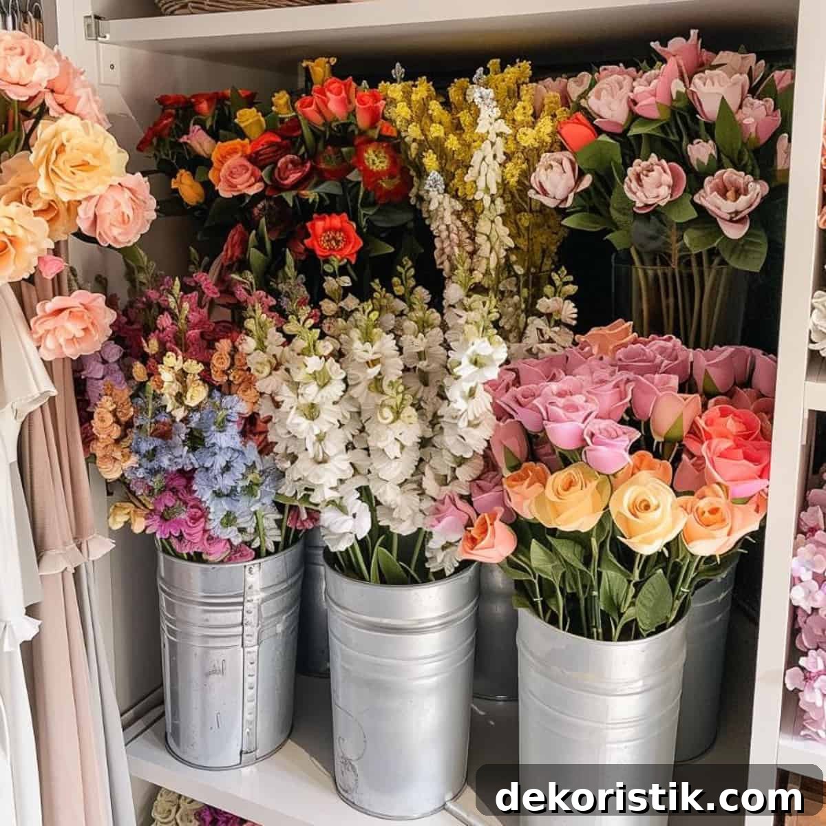 artificial flowers stems in a tall buckets for storage