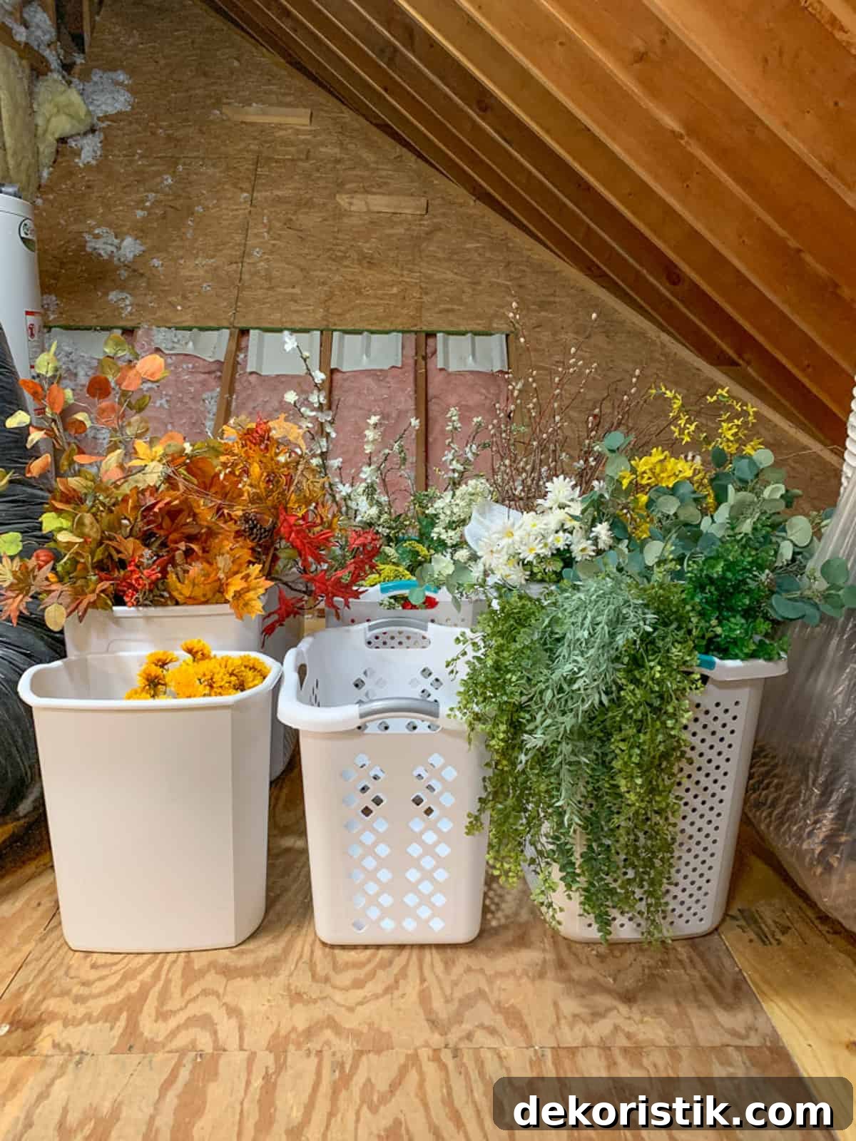 artificial flowers stored in tall laundry hampers in an attic
