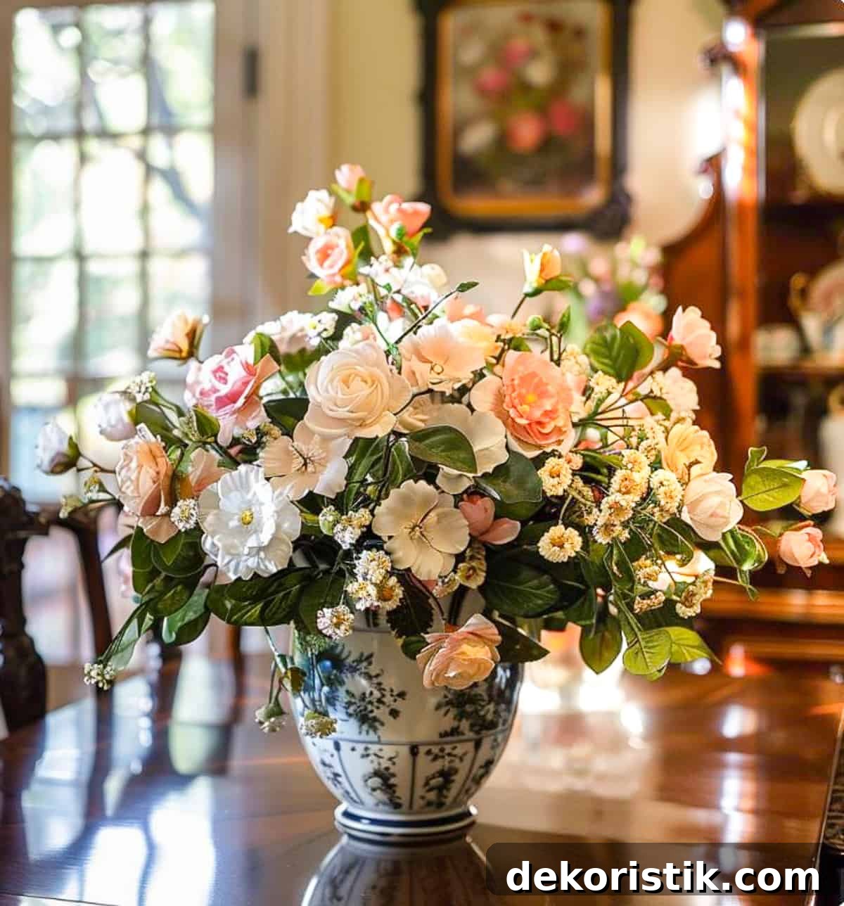 formal flower arrangement on a dining room table