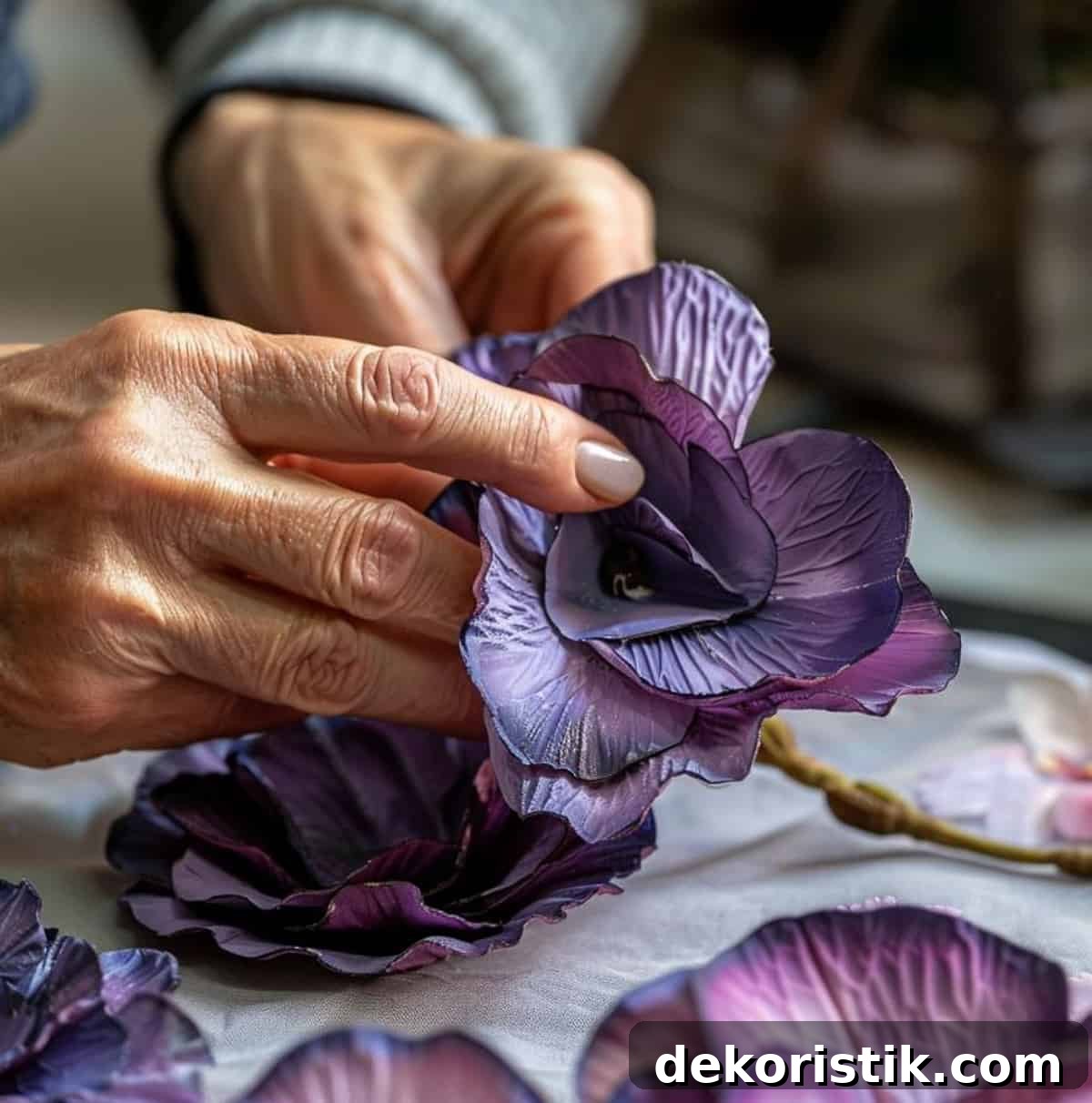 woman's hand shaping purple flower petals