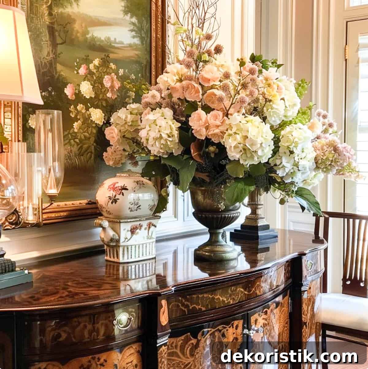 formal flower arrangment on a sideboard