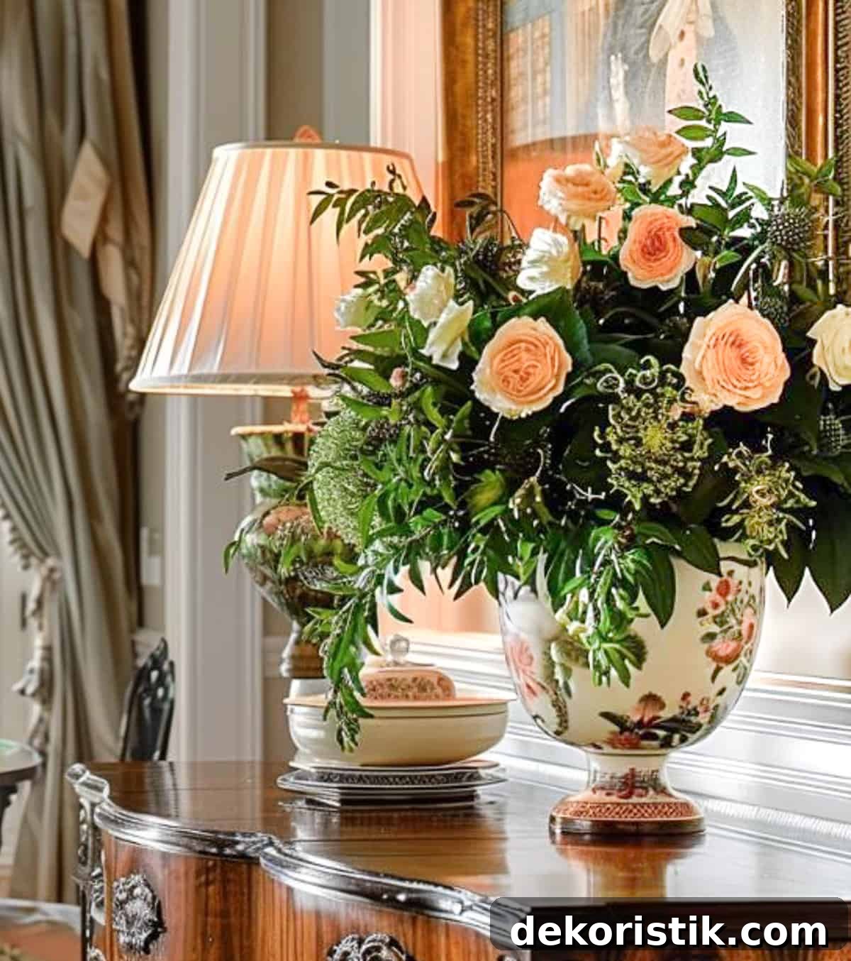 arrangement of peach and white flowers beside a lamp