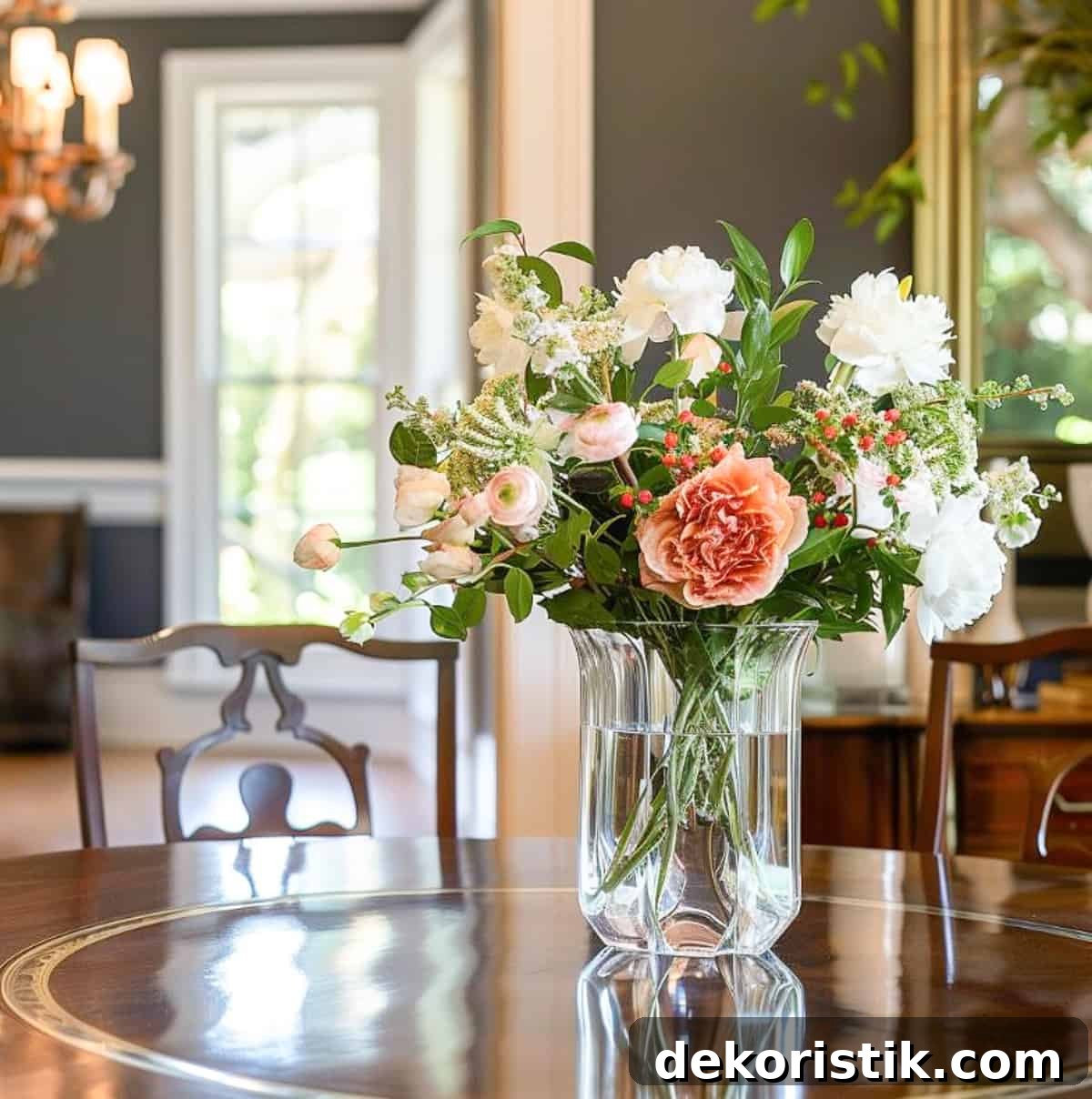 peach and white flower arrangment in a glass vase