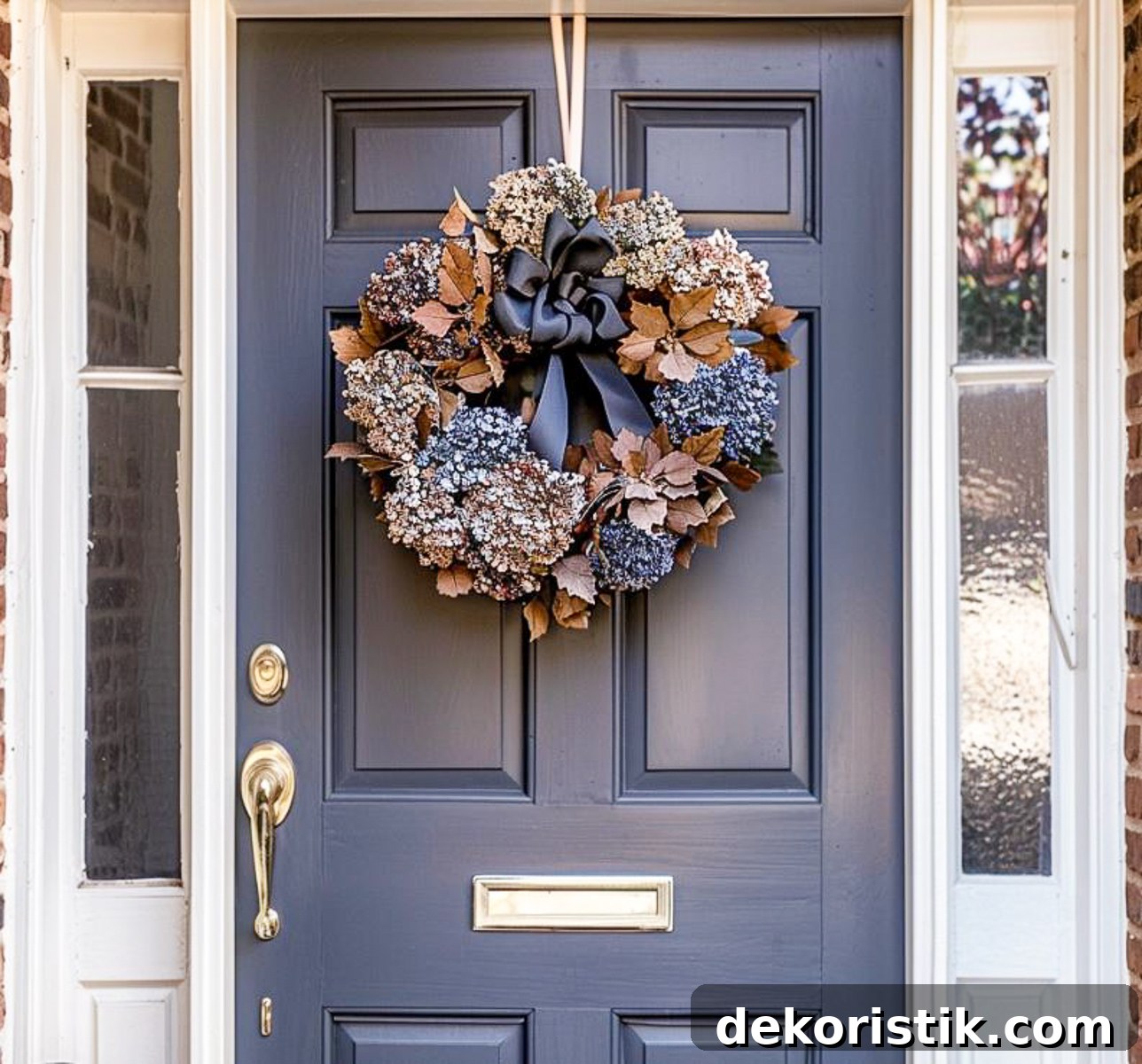wreath made with dark blue and light blue dried hydrangeas hanging on a blue front door