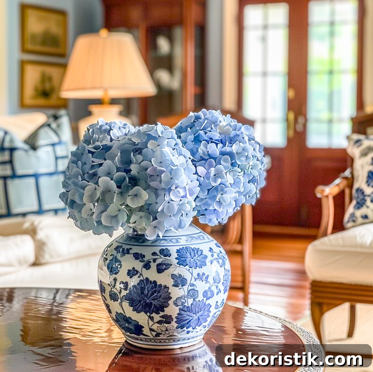 blue hydrangeas in a blue and white vase on a coffee table in a living room