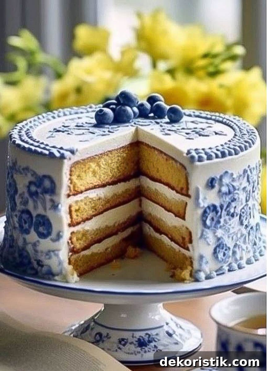 4 layer cake with white frosting and decorated with blue icing on a white cake pedestal