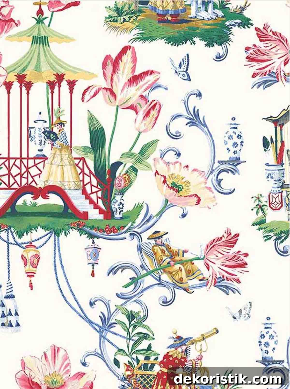 image of multi colored wallpaper with a chinoiserie print