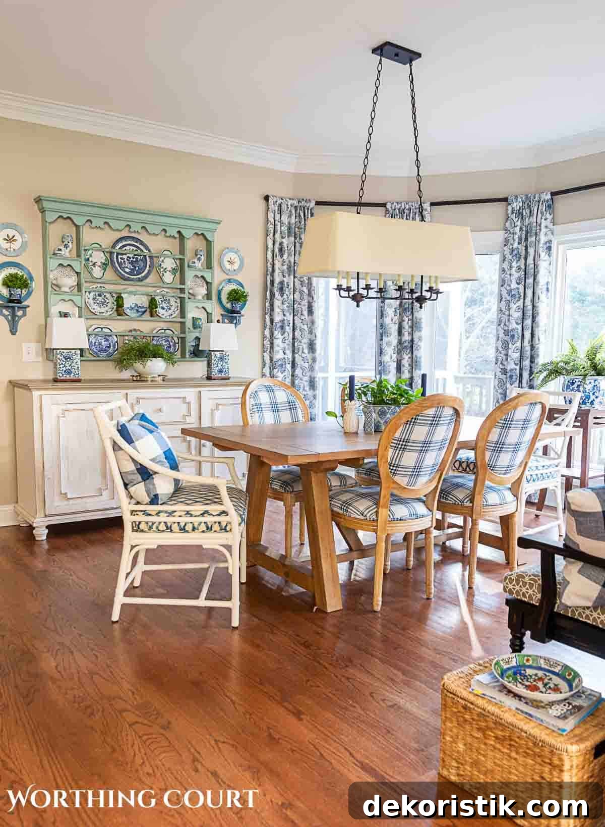spring breakfast nook with blue and white accessories and cottage style furnishings