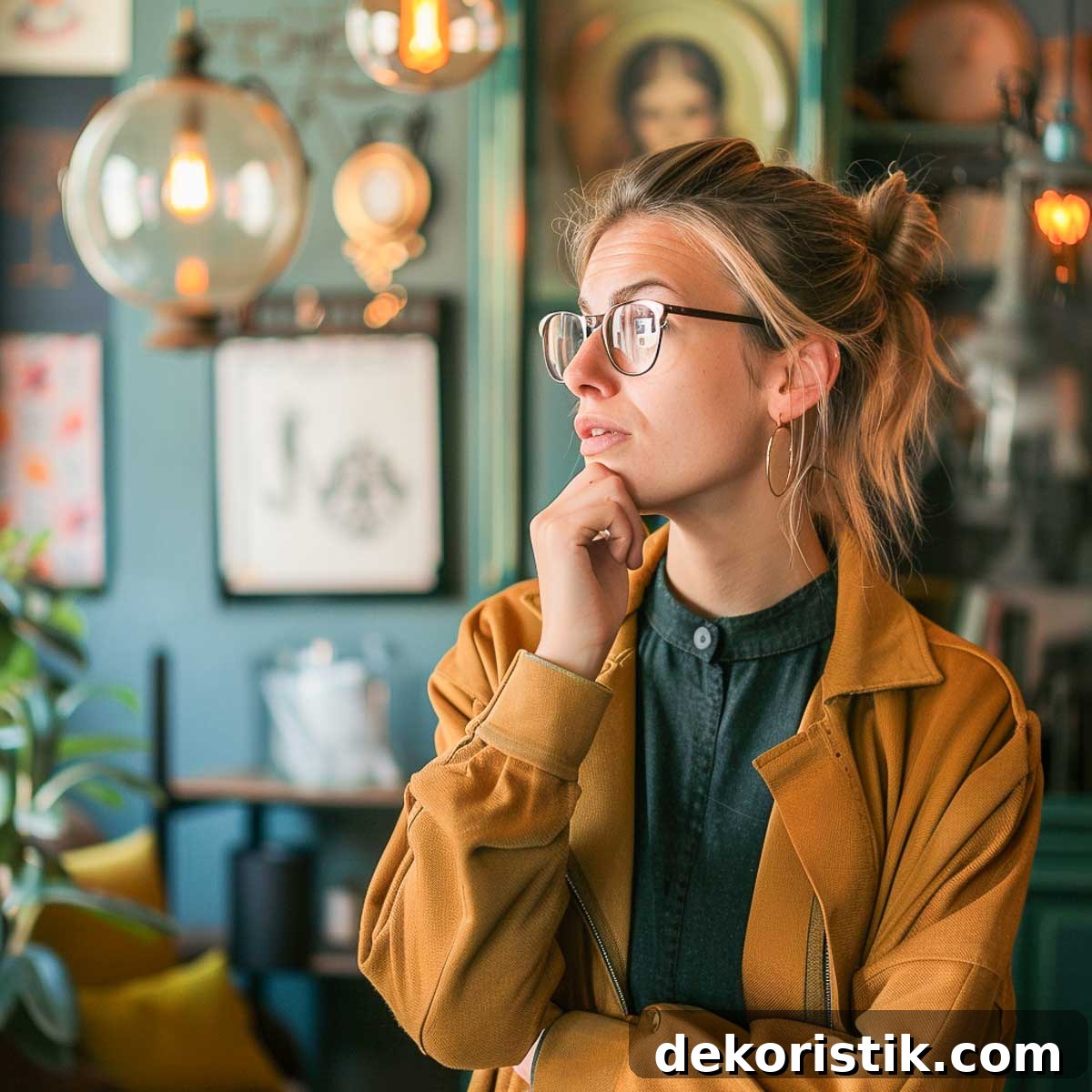 woman standing a room with her hand on her chin trying to figure out her decorating style