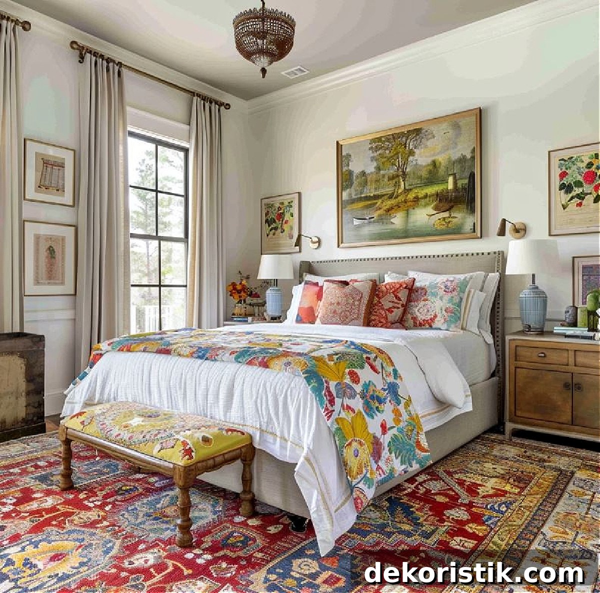 choice of an area rug in a colorful traditional pattern for a master bedroom