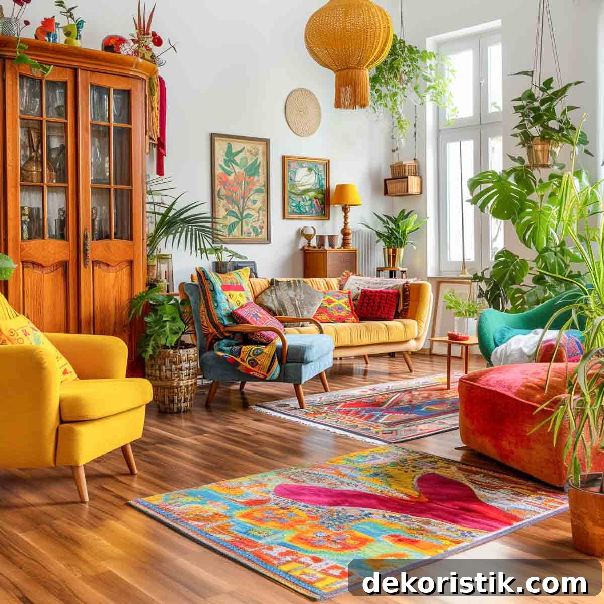 a boho decorating style living room filled with colorful rugs, furnishings and accessories