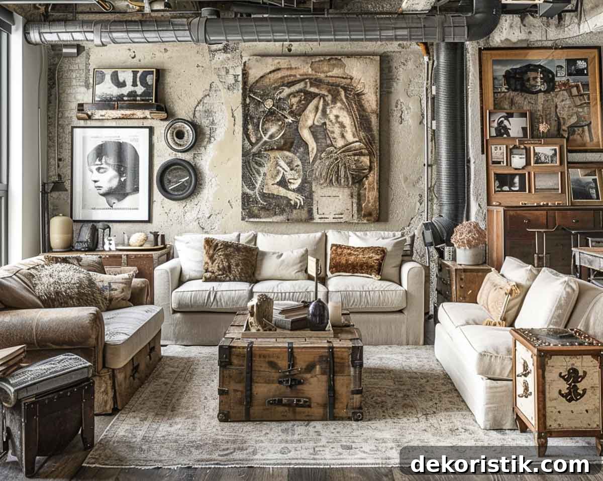 living room with three neutral sofas and industrial style accessories and artwork