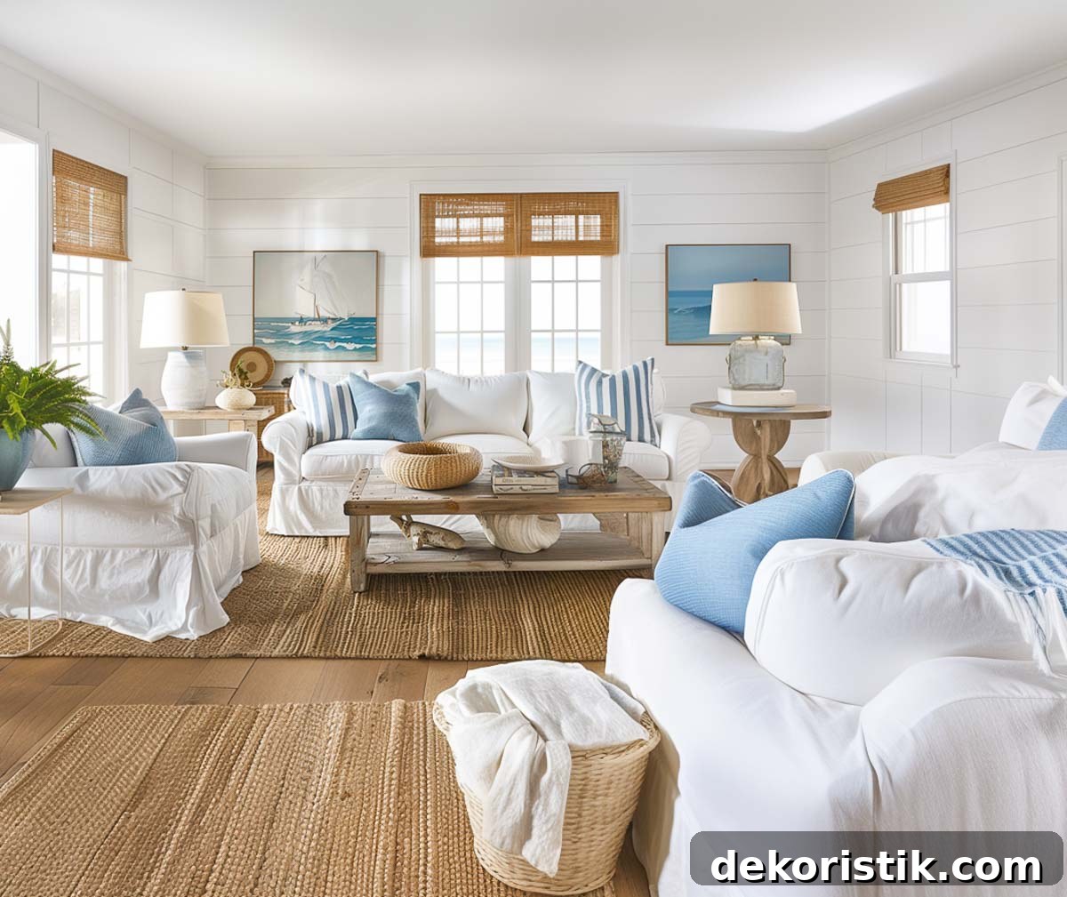 coastal style living room with white slipcovered sofas, two natural fiber rugs and accessories in soft blues