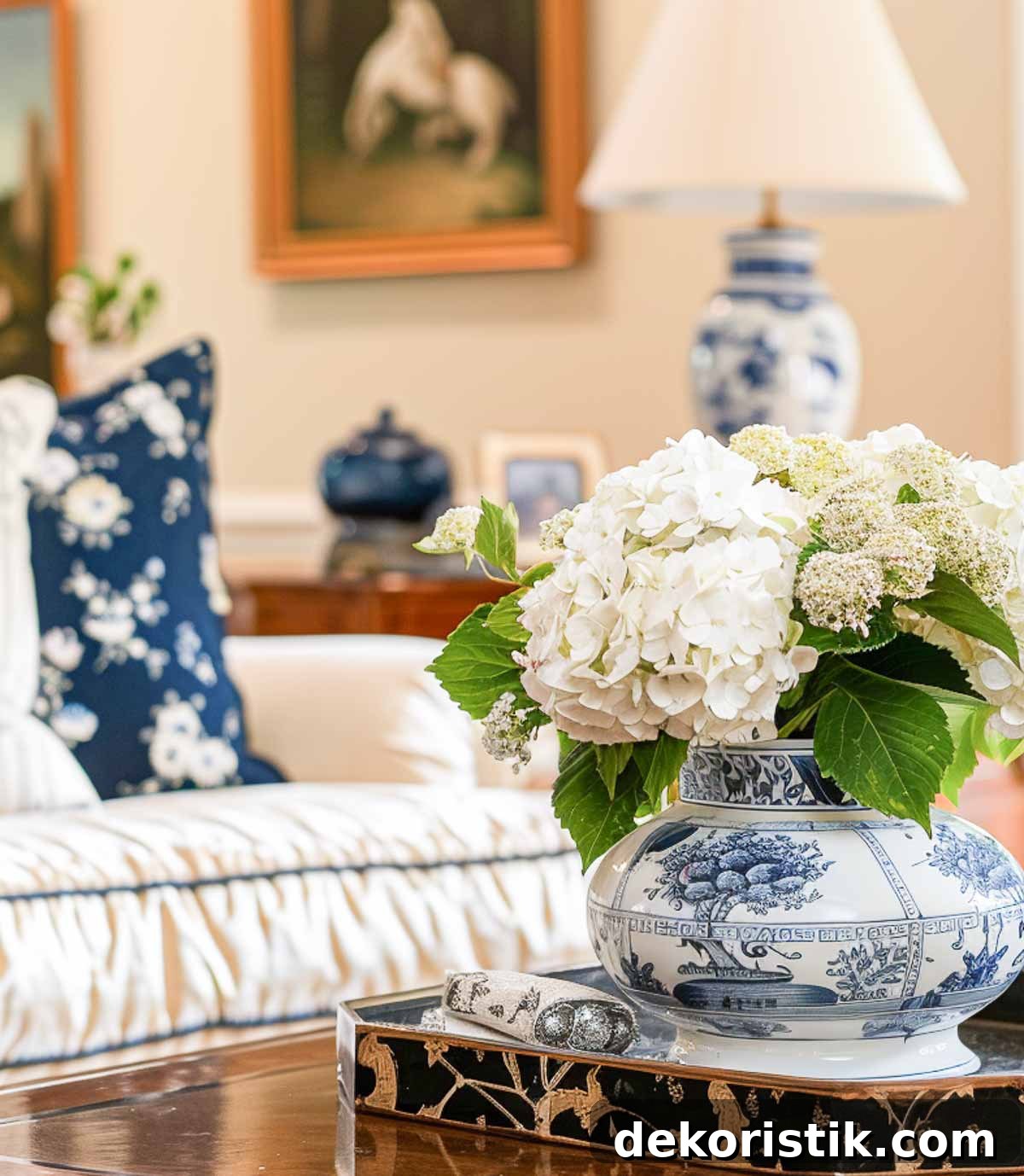 white hydrangeas in a blue and white vase on a wood coffee table in a living room with beige walls