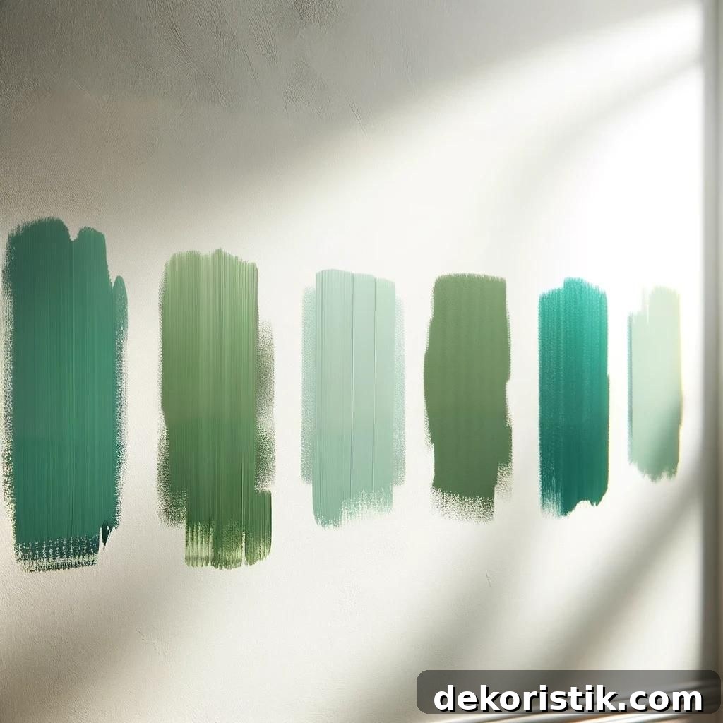 5 different shades of green wall painted painted on a wall in small swatches