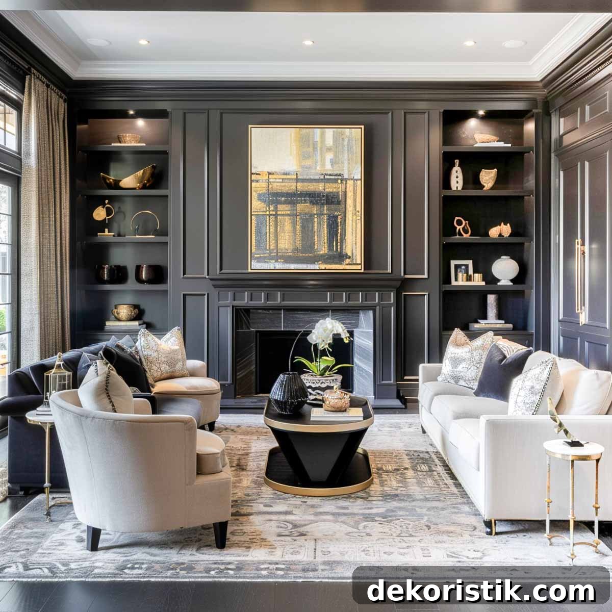 living room with white furnishings, a white area rug and dark gray walls