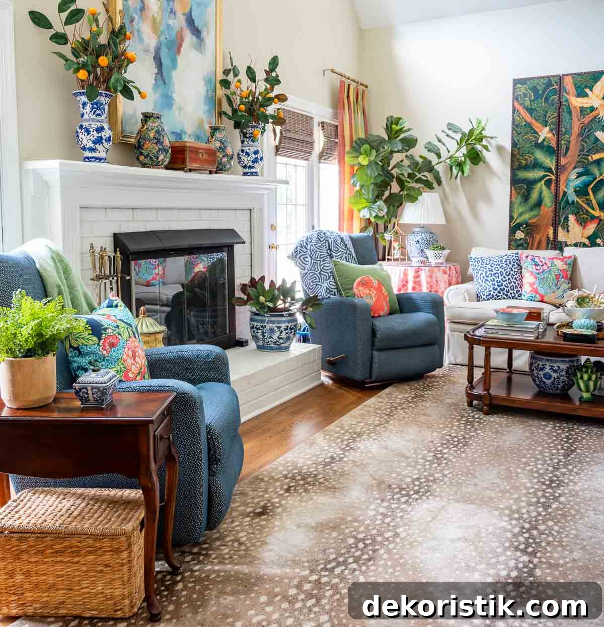 coral accents in living room