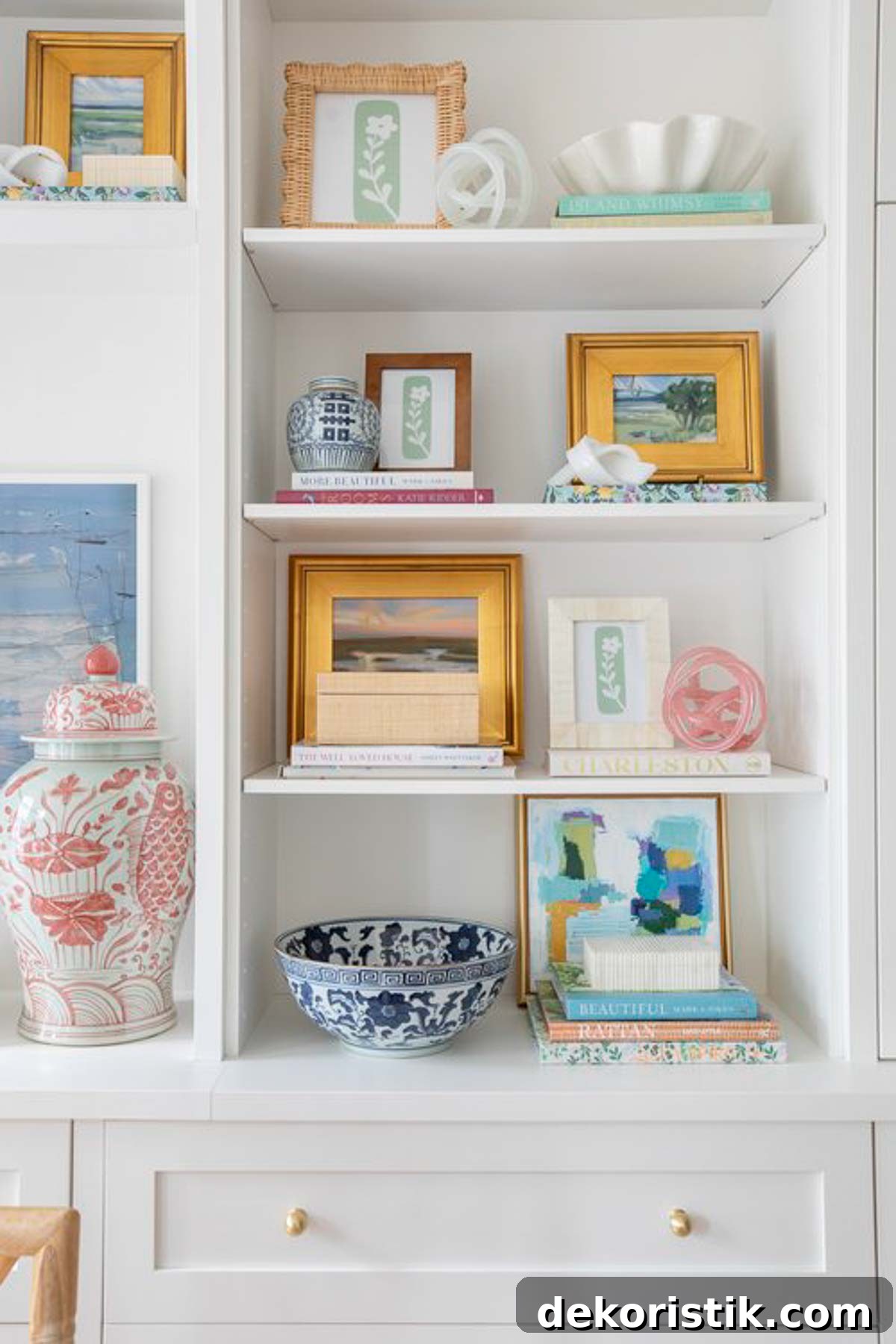 white bookcase filled with blue, white and pink chinoiserie accessories